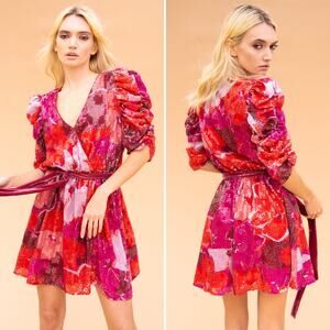 BTFL- Life Calina All Over Floral Sequin Puffed Sleeve Mini Dress Size M